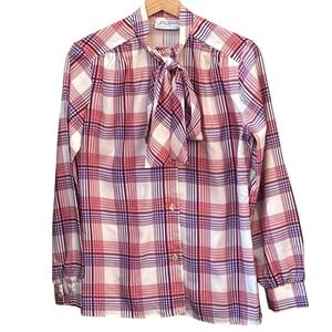 70s Lady Holiday Plaid Blouse Tie Neck Secretary Americana Retro Preppy Red Blue